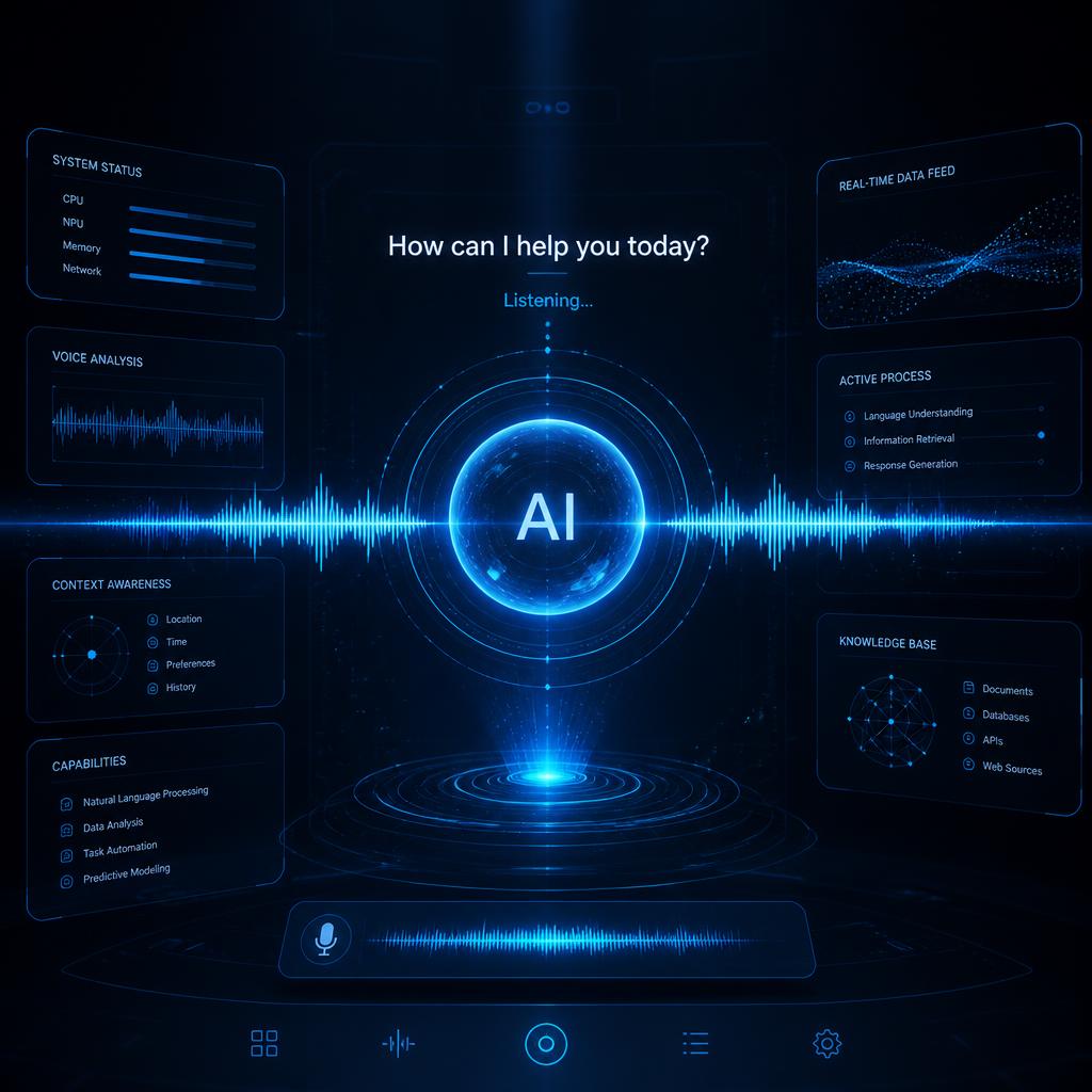 A futuristic AI assistant interface displaying holographic data streams and voice command visualization, designed for a smart digital assistant concept - Nano Banana2 prompt: futuristic holographic AI assistant interface with glowing blue data streams, voice waveform visualization, minimal tech aesthetic, no human faces, no woman image